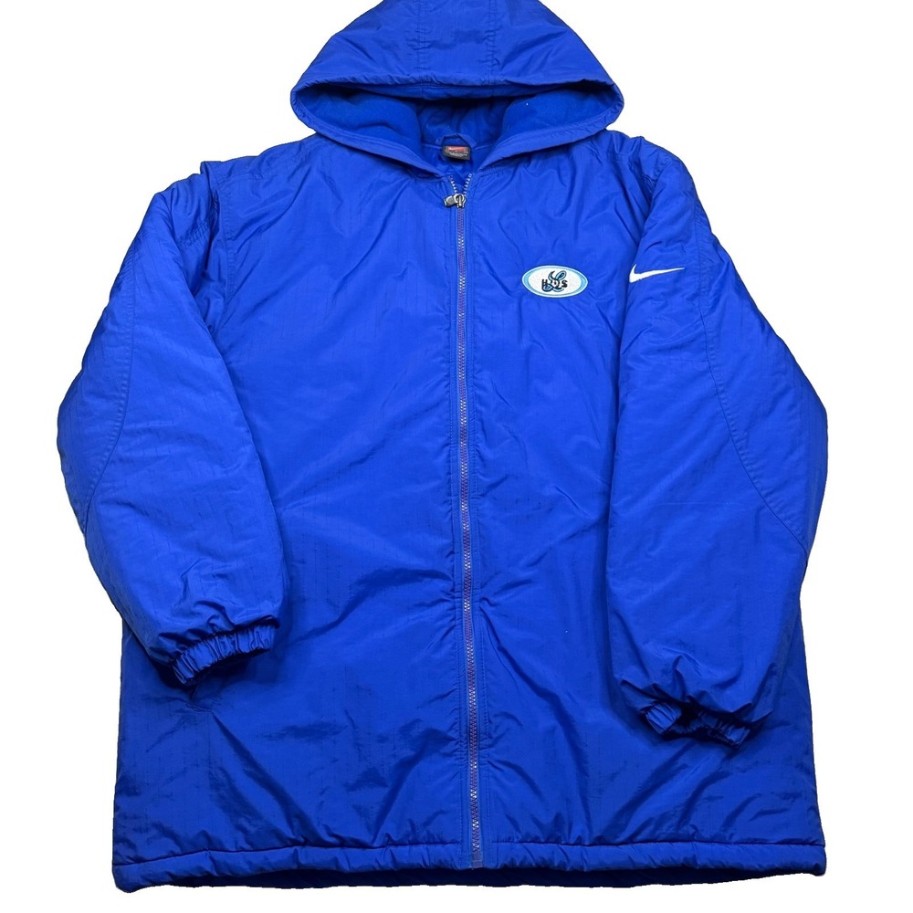 Vintage Nike Heavy Puffer Parka Jacket Royal Blue Sideline Long Coat Logo Medium